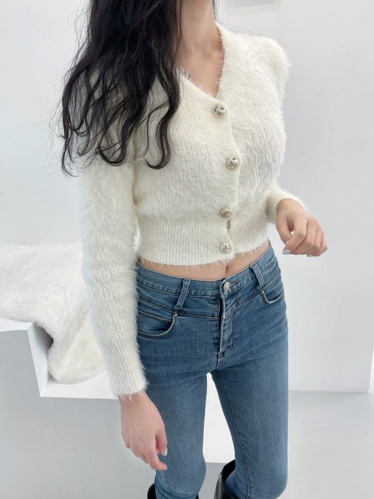 크롭 브이넥 페이크 앙고라 가디건