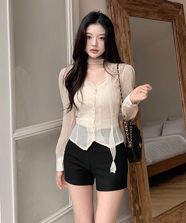 [타이set💗벚꽃룩] 카푸치노 스카프 초커타이 브이넥 시스루 블라우스 봄 여름 가을 / 하객룩 벚꽃룩 데이트룩 소개팅룩 클래식블랑