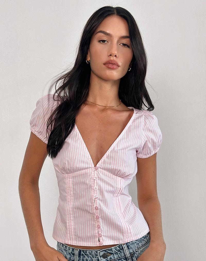 Inasha Top in Candy Pink Small Vertical Stripe - XXS