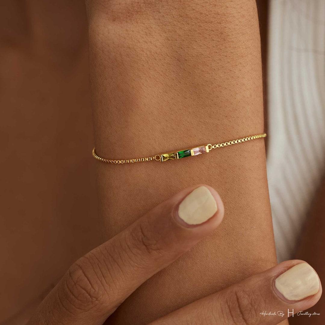 14k Gold Birthstone Bracelet, Baguette Birthstone Bracelet, Graduation Gift, Birthday Gift, Grandma Gift for Mom, Christmas Gift for Her