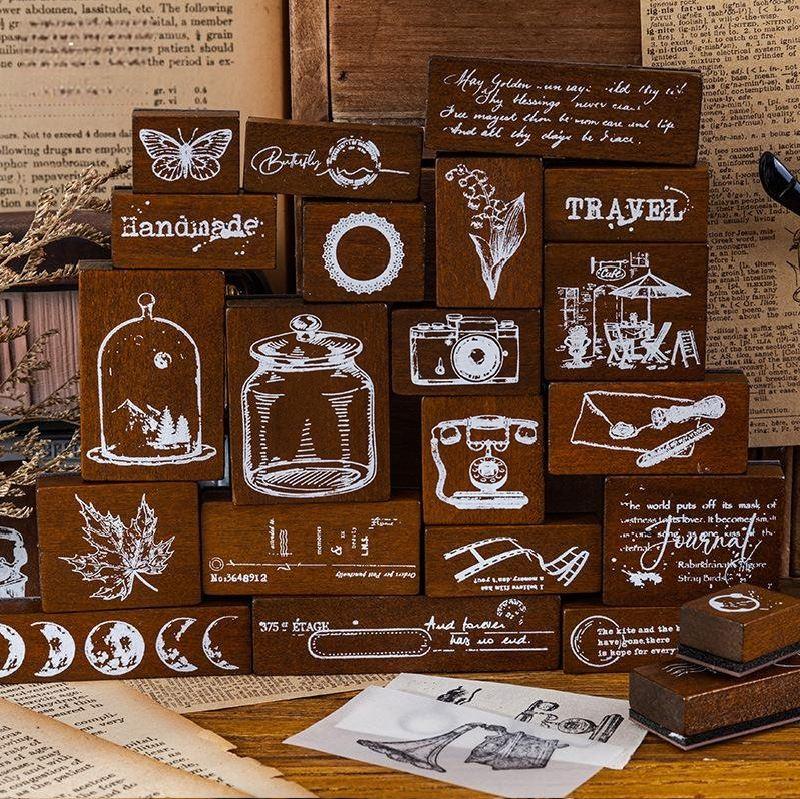 빈티지 트래블 레터링 커피 얼룩 도장 스탬프 7개 세트 4종