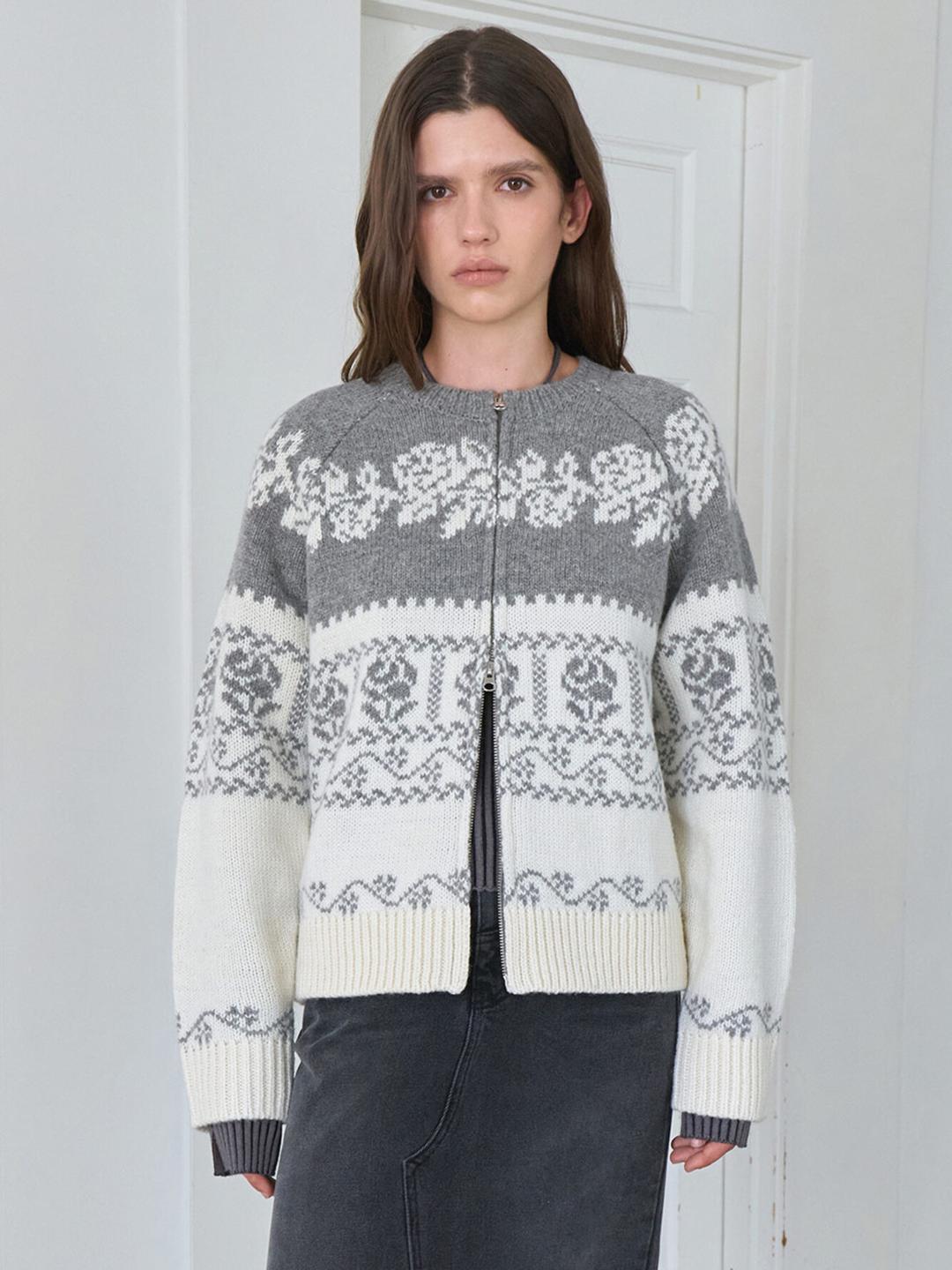 Rose Jacquard Zip-up Knit in Grey VK5AD189-12