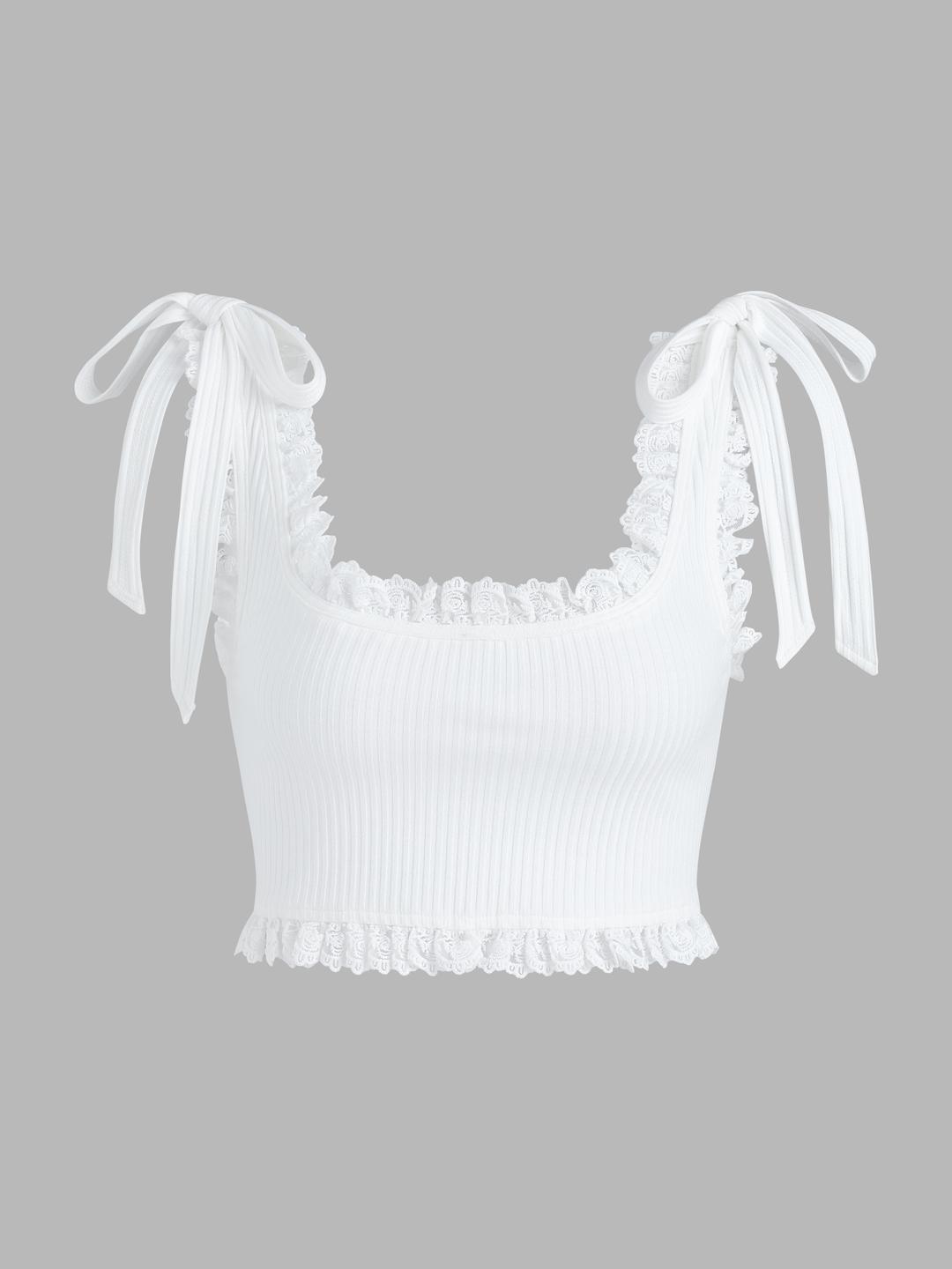 Lace Tie Shoulder Rib Tank Top