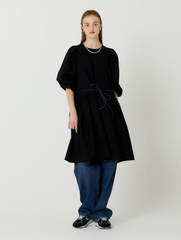 PUFF SHIRRING MINI WOOL DRESS(BLACK)
