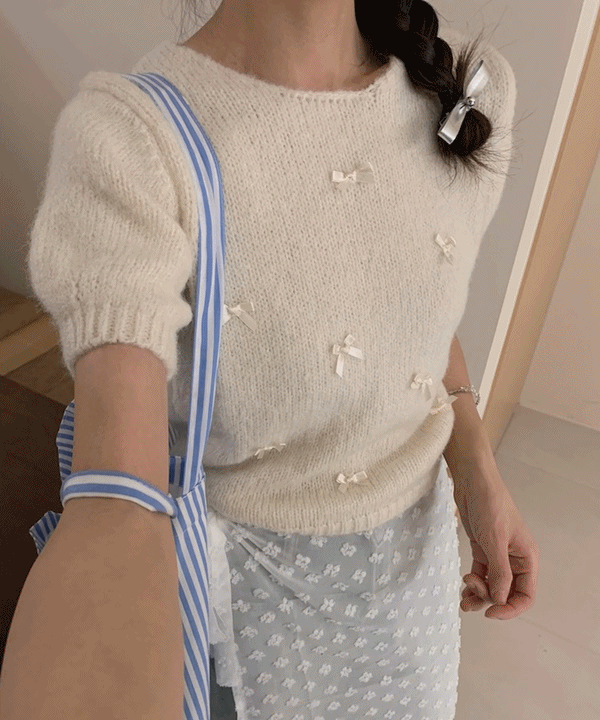 [당일출고/봄신상🌷]안나 리본 반팔 니트 발레코어룩
