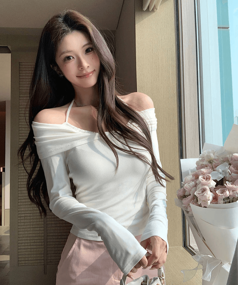 셔링 홀터넥 오프숄더 긴팔 탑