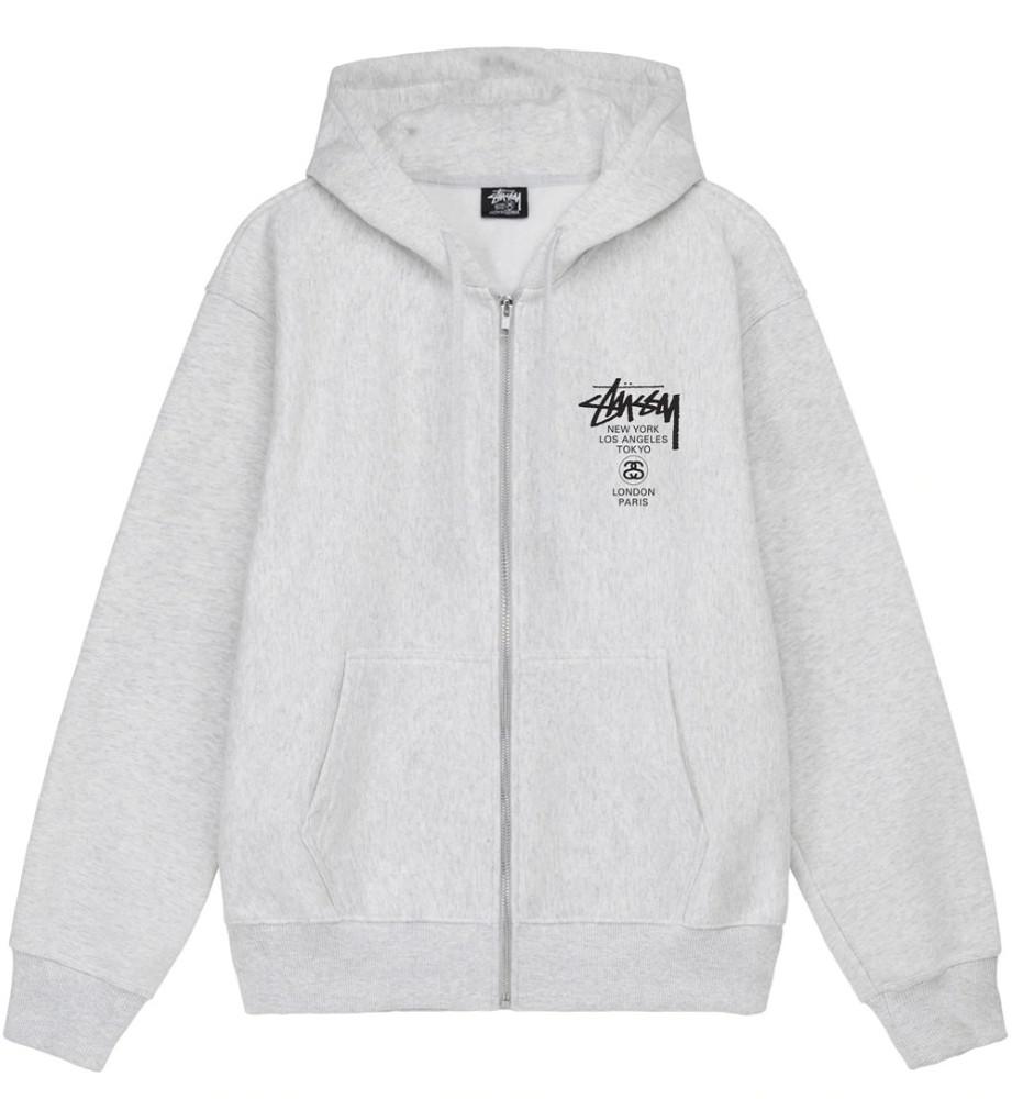 스투시 월드투어 집 후디 STUSSY WORLD TOUR ZIP HOODIE_Ash Heather