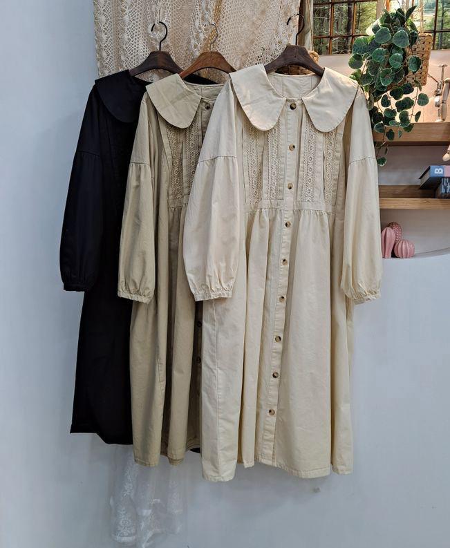 0899 가을 버터 핀턱 레이스 사파리원피스