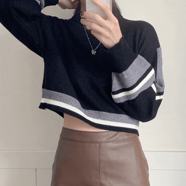 [유니크/퍼프소매] 배색 단가라 크롭 니트
