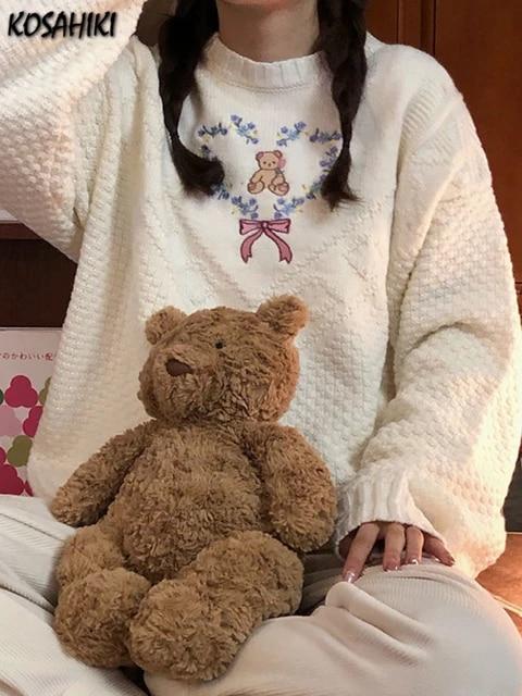 여성용 귀여운 스웨터, 트렌디 스위트 베어 하트 자수 풀오버, 2022 년 겨울 빈티지, 한국 인스 니트웨어, 니트, 루즈한 탑 점퍼