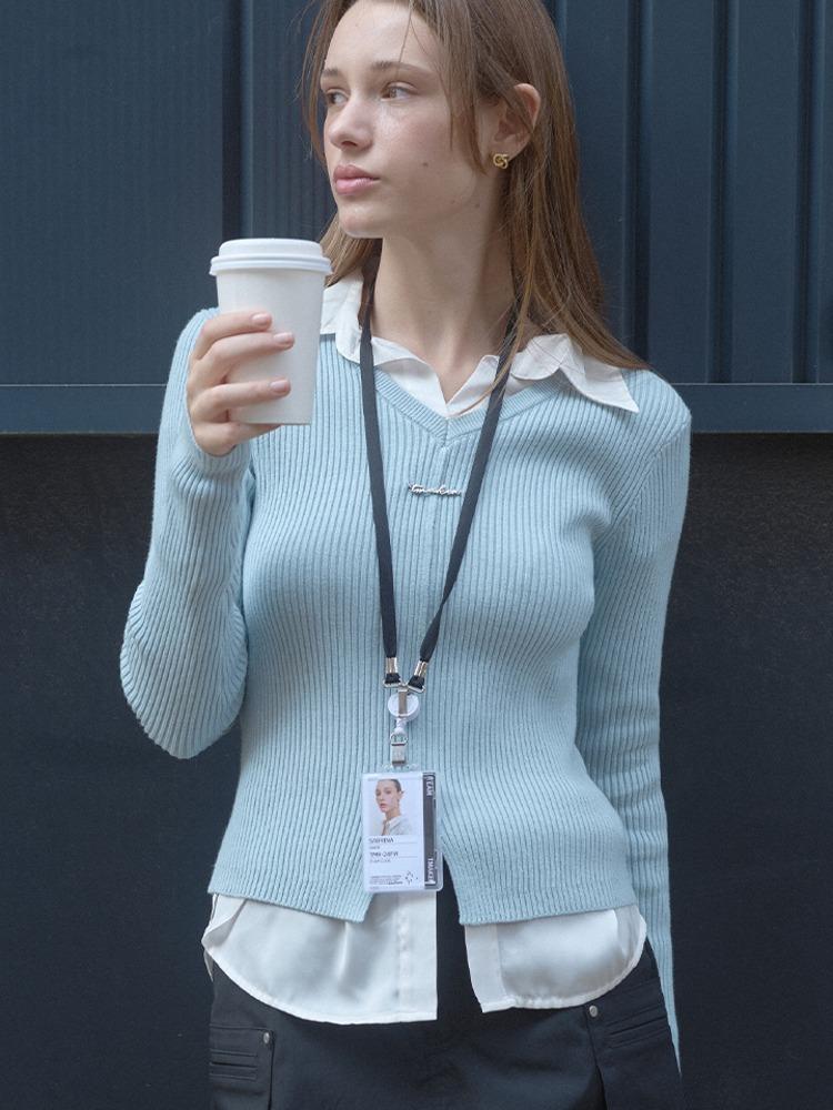 V-NECK RIBBED KNIT & MUFFLER SET SK