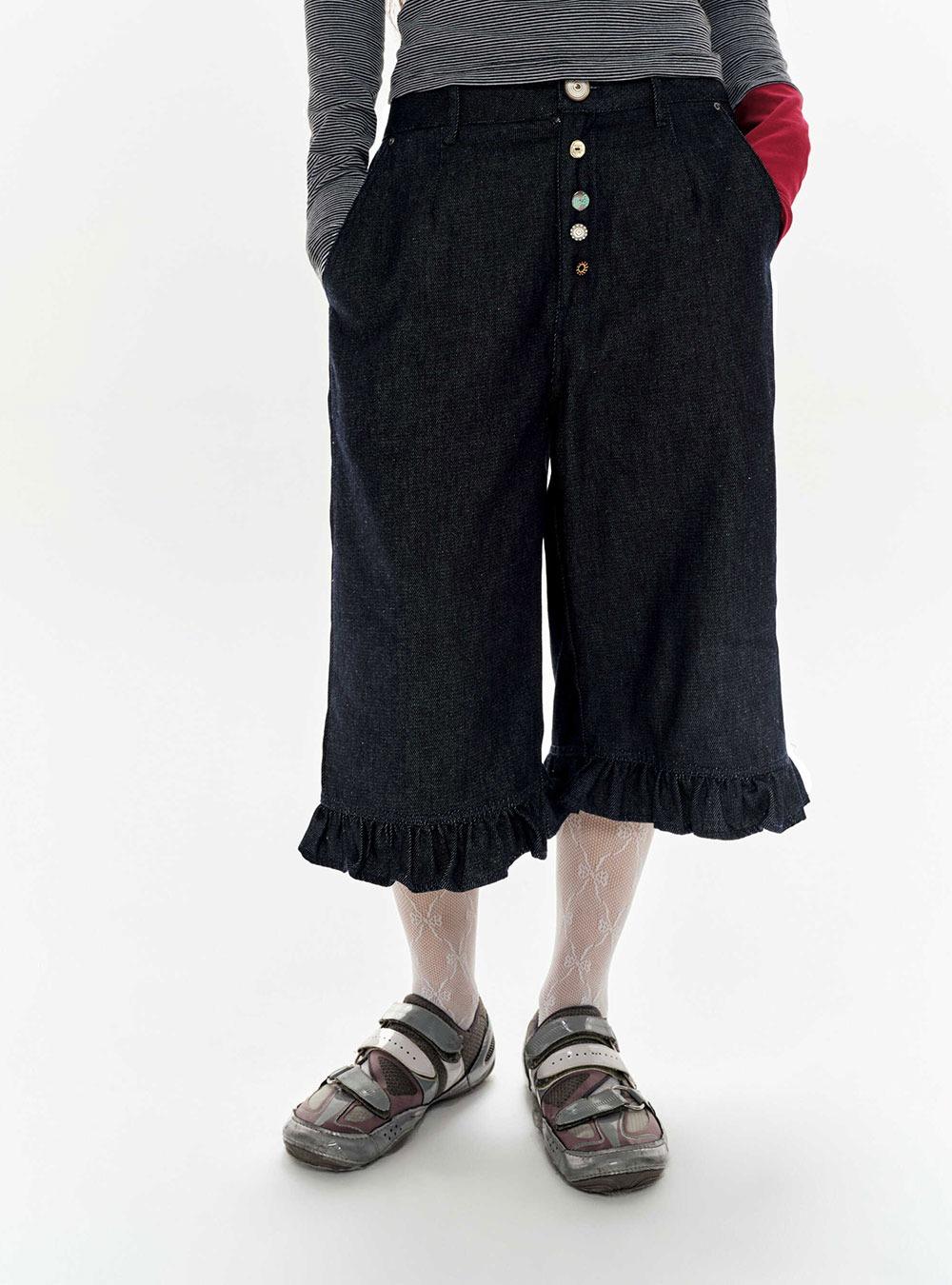 Navy Ruffle Cropped Pants