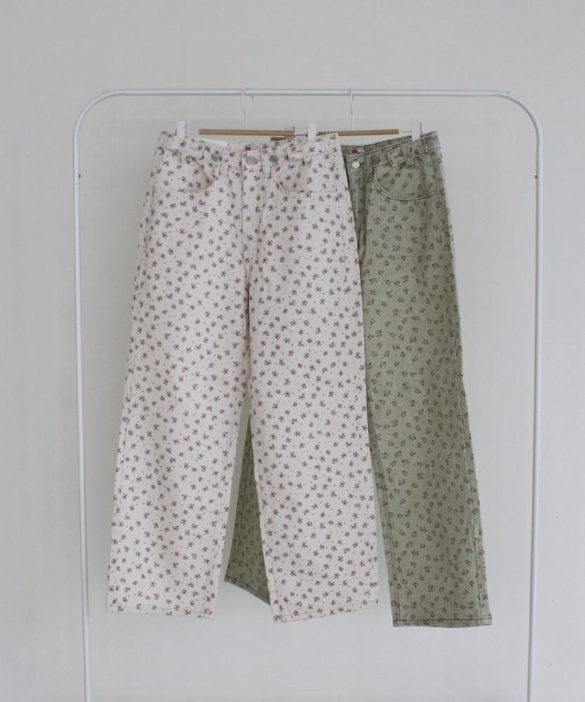 [허리조절/라지사이즈까지 가능] 와이드핏 꽃무늬 플라워 워싱 면 비죠 팬츠(2color)