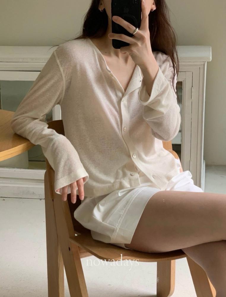 fllanel 플라넬 시어 린넨 가디건 썸머 긴팔 라운드 골지 니트