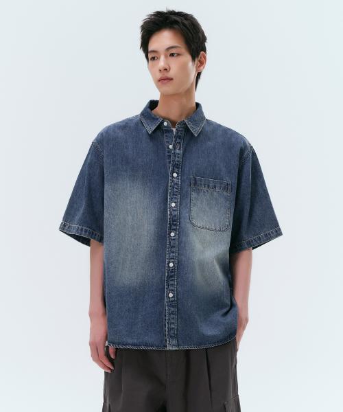 빅 브러쉬 릴렉스드 반소매 데님 셔츠 [미디엄 인디고]