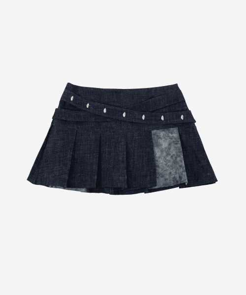 STONE DENIM PLEATS SKIRT #BLUE