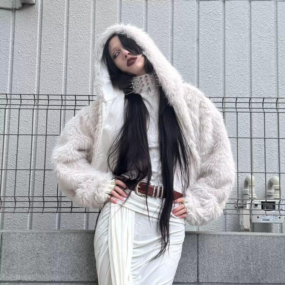 no E mosen NESPORT 앙고라 모헤어 리버서블 후드 라쿤 퍼자켓 스트릿 그레이