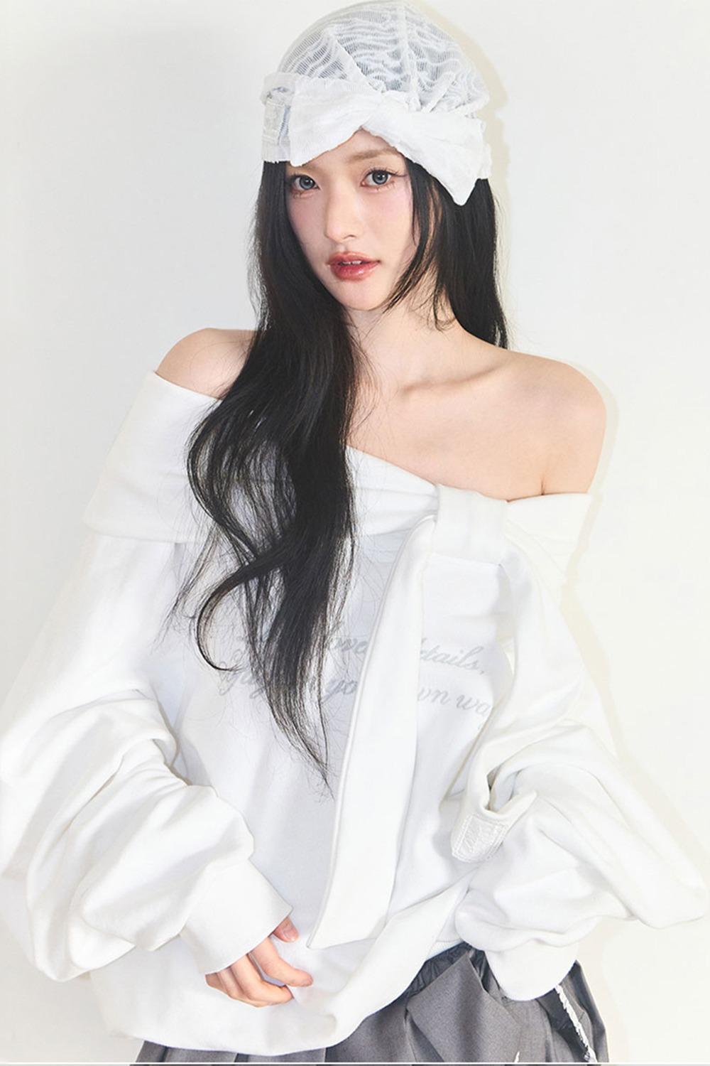 퓨어 보우 오프숄더 맨투맨 화이트