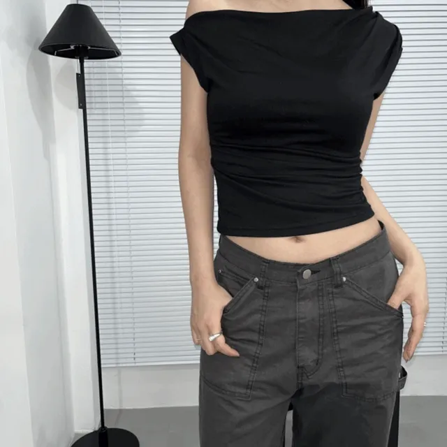 (2 color) 언발 오프숄더 셔링 반팔 티셔츠
