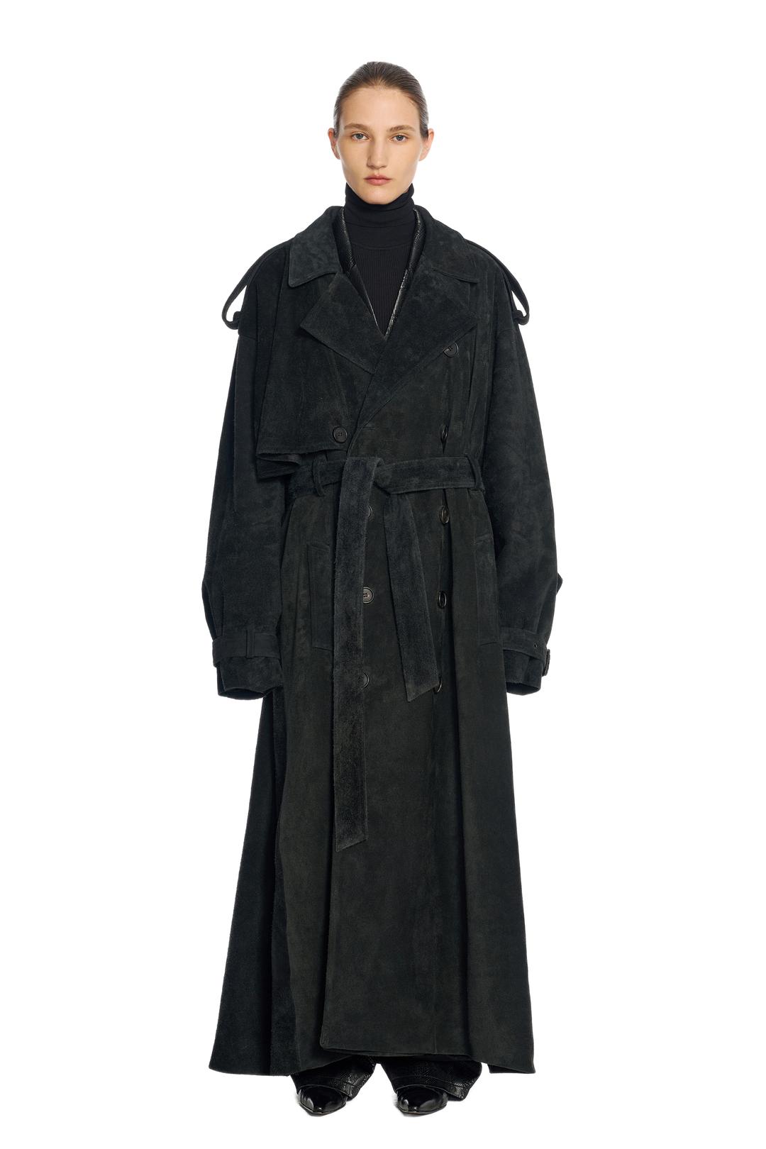 BLACK ROUGHOUT SUEDE LONG TRENCH COAT