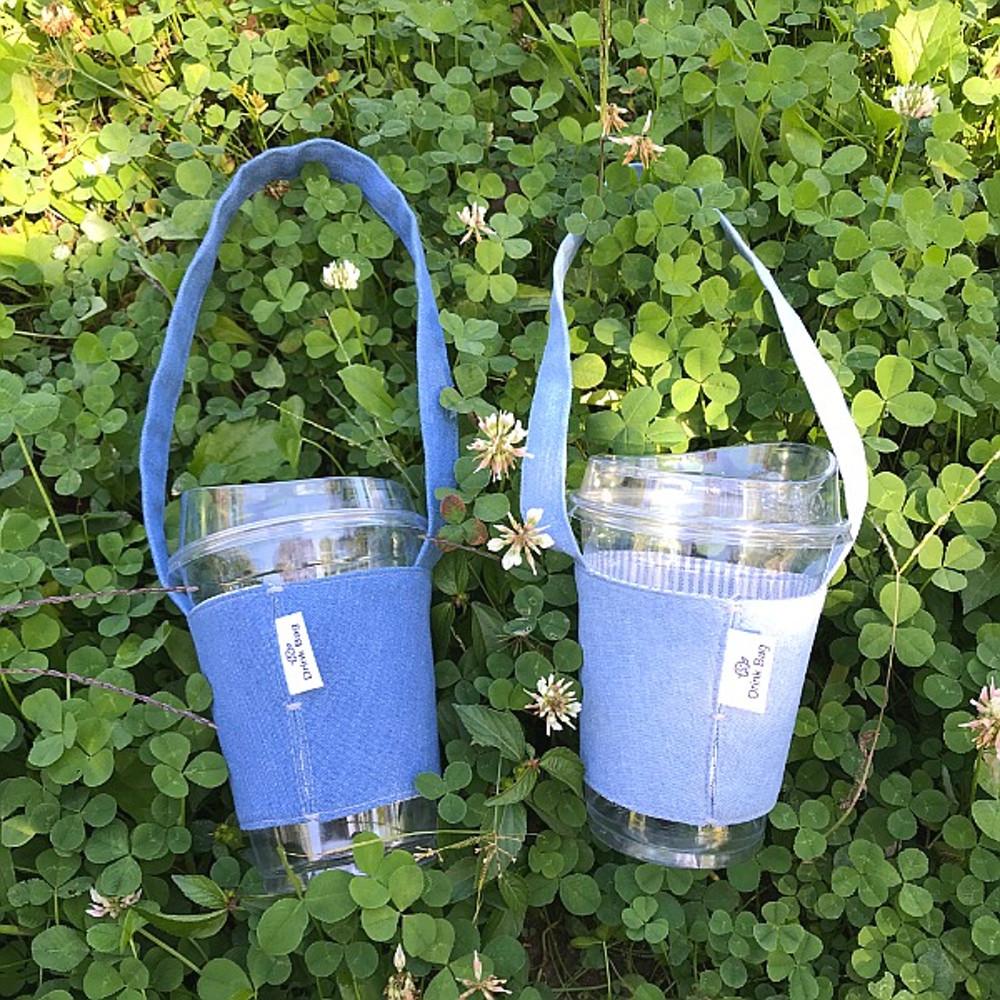 패브릭 드링크백 (데님) - 커피컵홀더 텀블러백 컵캐리어 대만 커피백 연청 진청