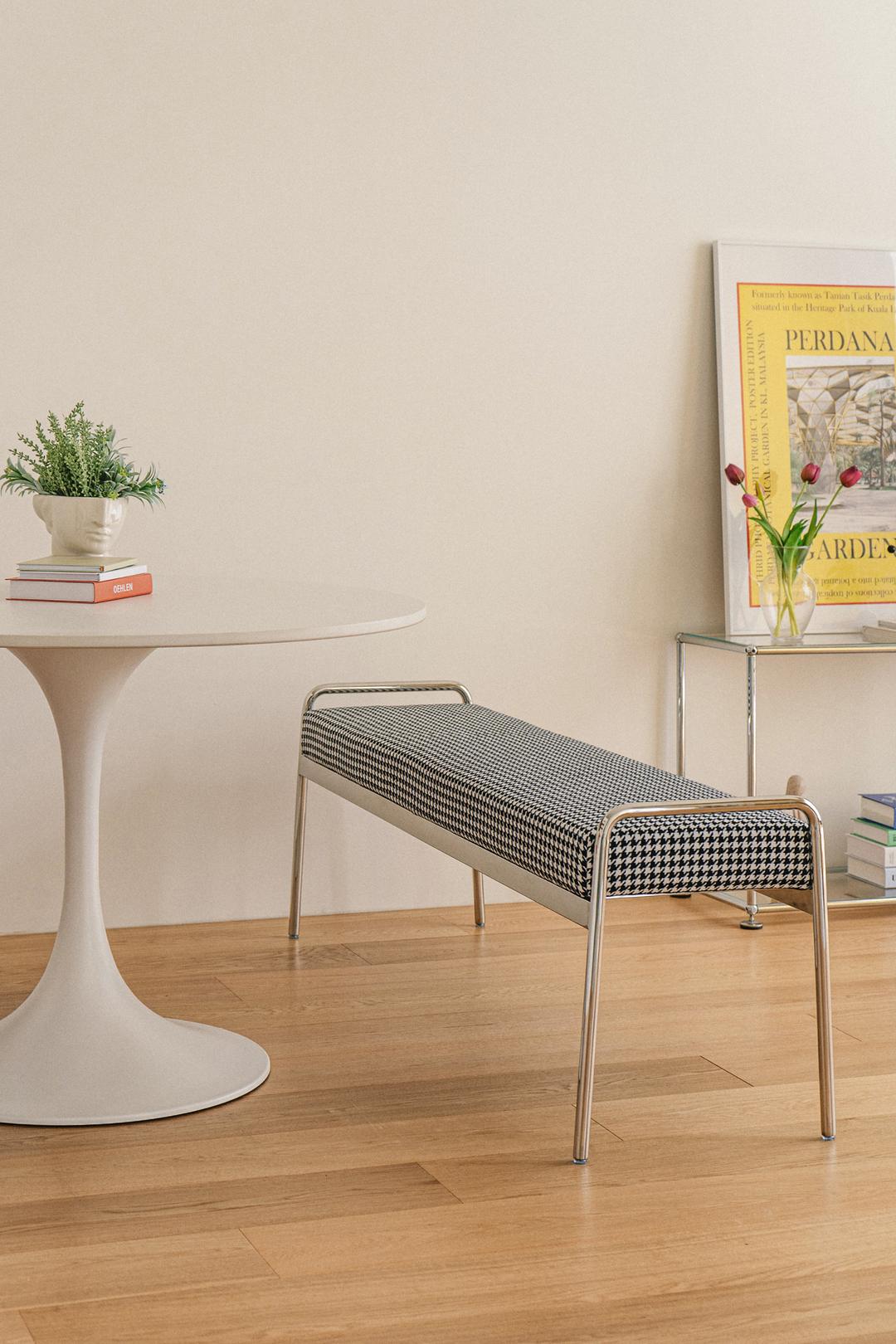 아카이브 실버 프레임 체크 패브릭 벤치 2size