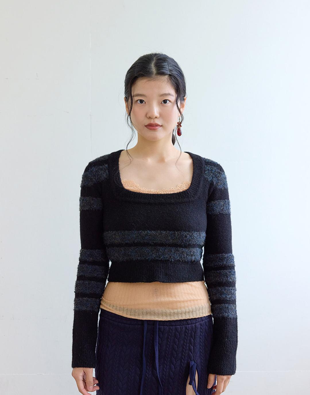 Square Neck Crop Knit (Black / Blue Stripe)