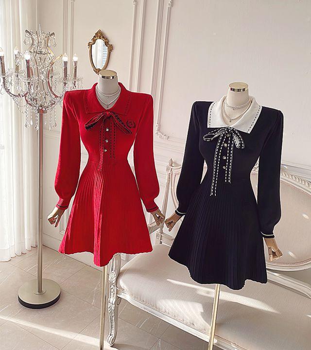 [핏예쁨~] 레니퍼 플레어 니트 미니원피스 /결혼식 하객룩 행사룩 데이트룩 파티룩 브라이덜샤워 돌잔치원피스 겨울원피스 연말모임룩 크리스마스원피스 셀프웨딩 플레어원피스 카라원피스