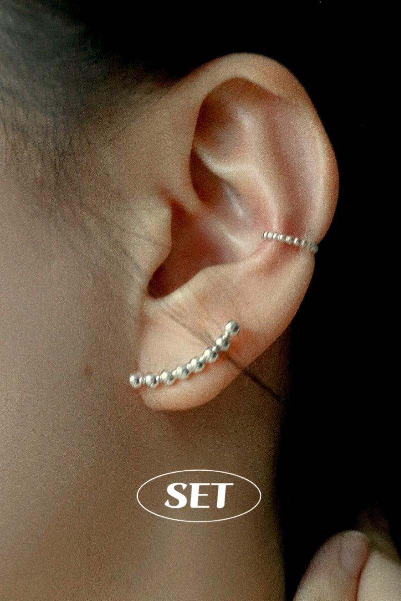 [SET] 925silver 베이직 미니볼 이어커프 (1ea) & 볼 커브 롱 귀걸이 (2ea) 세트