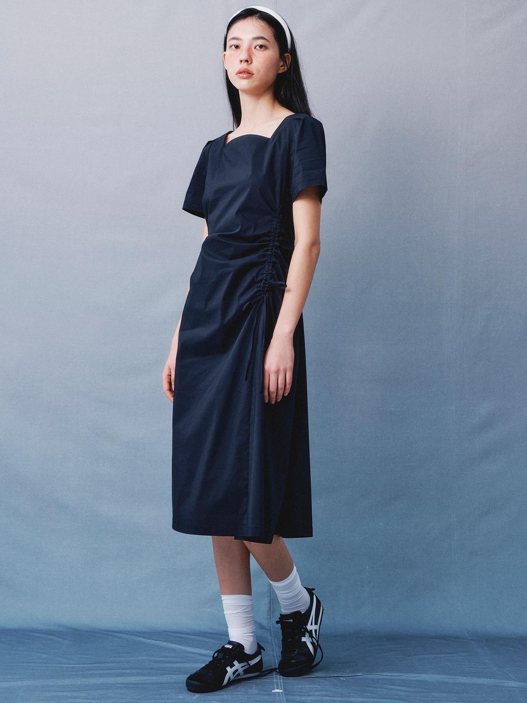 Square Neck Shirring Long Dress - Navy