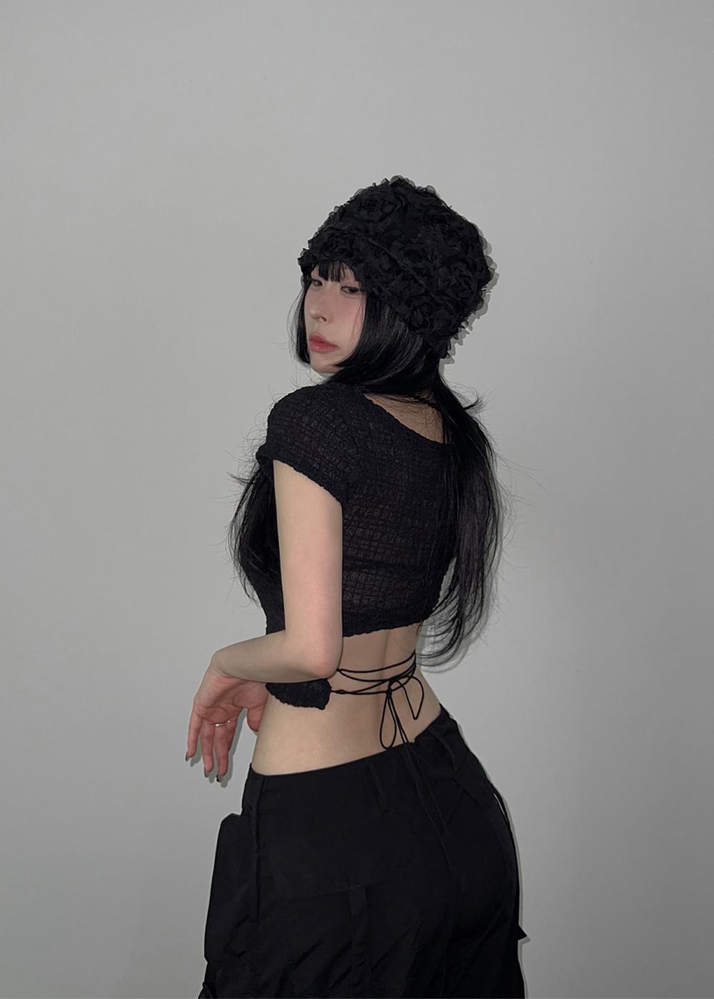 BOCHE SEE-THROUGH BACK STRAP CROP T-SHIRT 3color / 브체 시스루 백 스트랩 크롭티