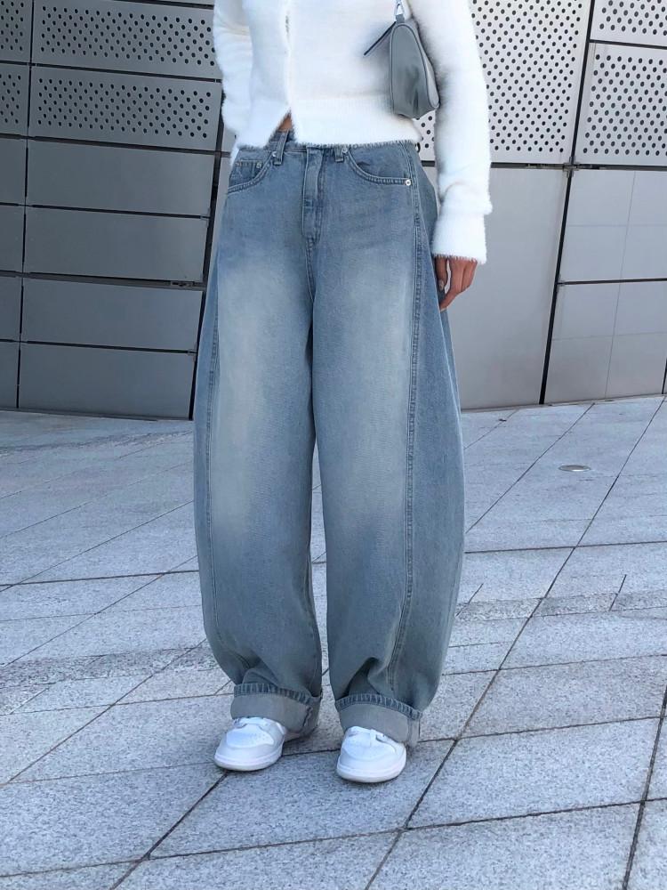 와이드 벌룬 절개 데님팬츠