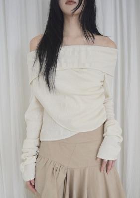 [ADELIO, HEART'S WHISPER] diagonal drape off knit, cream ivory