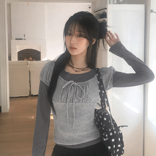 [반팔+롱슬리브/세트🤍] 리본레이어드긴팔티set (3color)