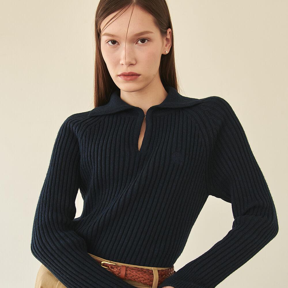 Raglan Collar Hook Cashlike Knit Navy