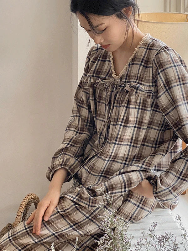 [3천장 돌파/☁코튼] J'eu 브레드 타탄체크 커플 파자마 잠옷 세트 2color