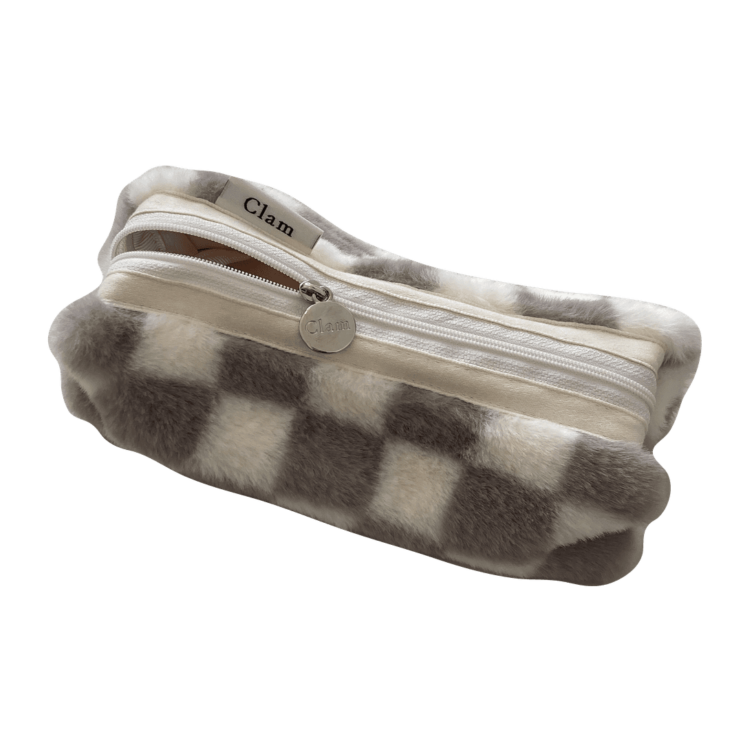 Clam round pencilcase _ Fur Gray Checkerboard