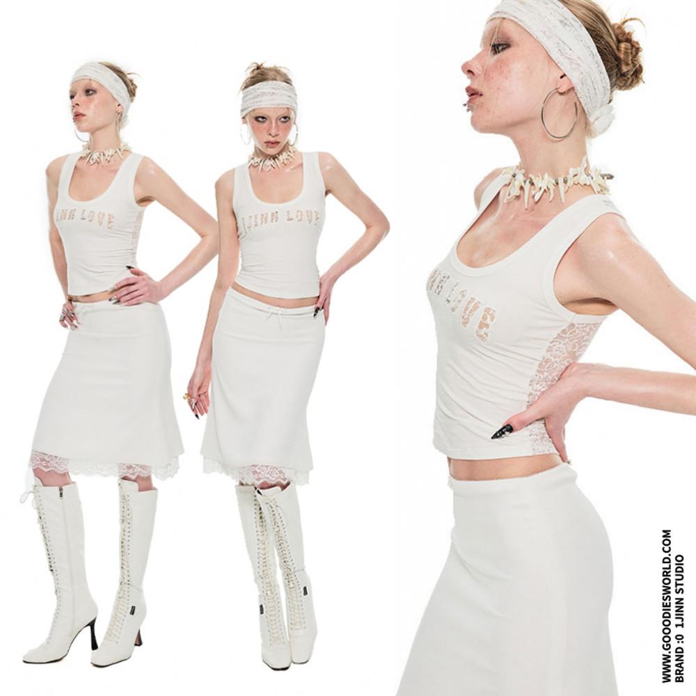 1JINN STUDIO 원진스튜디오 나시 티셔츠 레이스 스티치 자수 슬림핏 크롭탑