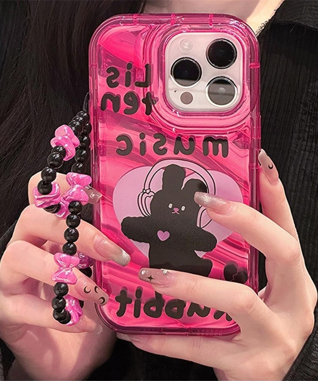 당일출고❤아이폰케이스 핑크 토끼 비즈 스트랩 키치 하이틴 홀로그램 아이폰케이스 생일선물 (아이폰 7 8 SE SE3 Xs 11 12 13 14 15 프로 맥스)