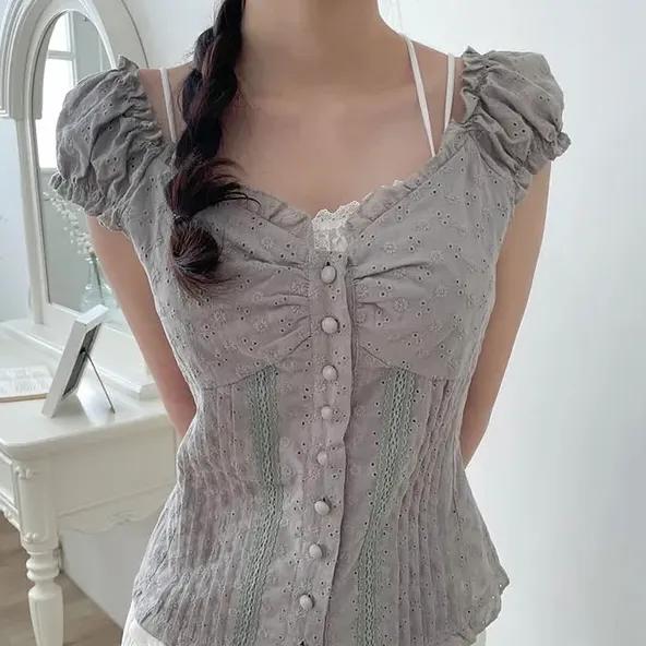 [인기/44~66] 포레 레이스 블라우스 / 셔링 반팔 나시 블라우스 / 아일렛 펀칭 나시 / 여름 한여름 / 프릴나시 퍼프 꽃블라우스 / 리본블라 / 퍼프 레이스블라우스 발레코어