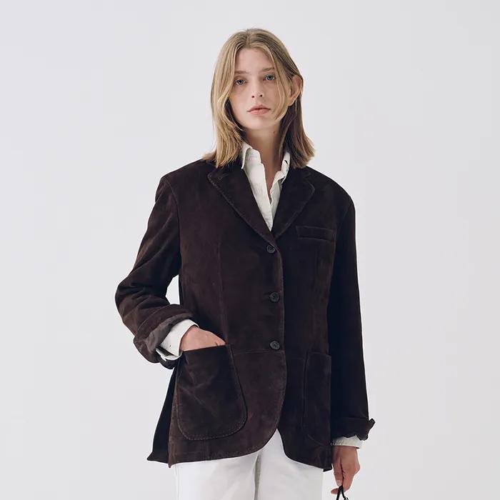 Suede Leather Tailored Jacket (Brown)