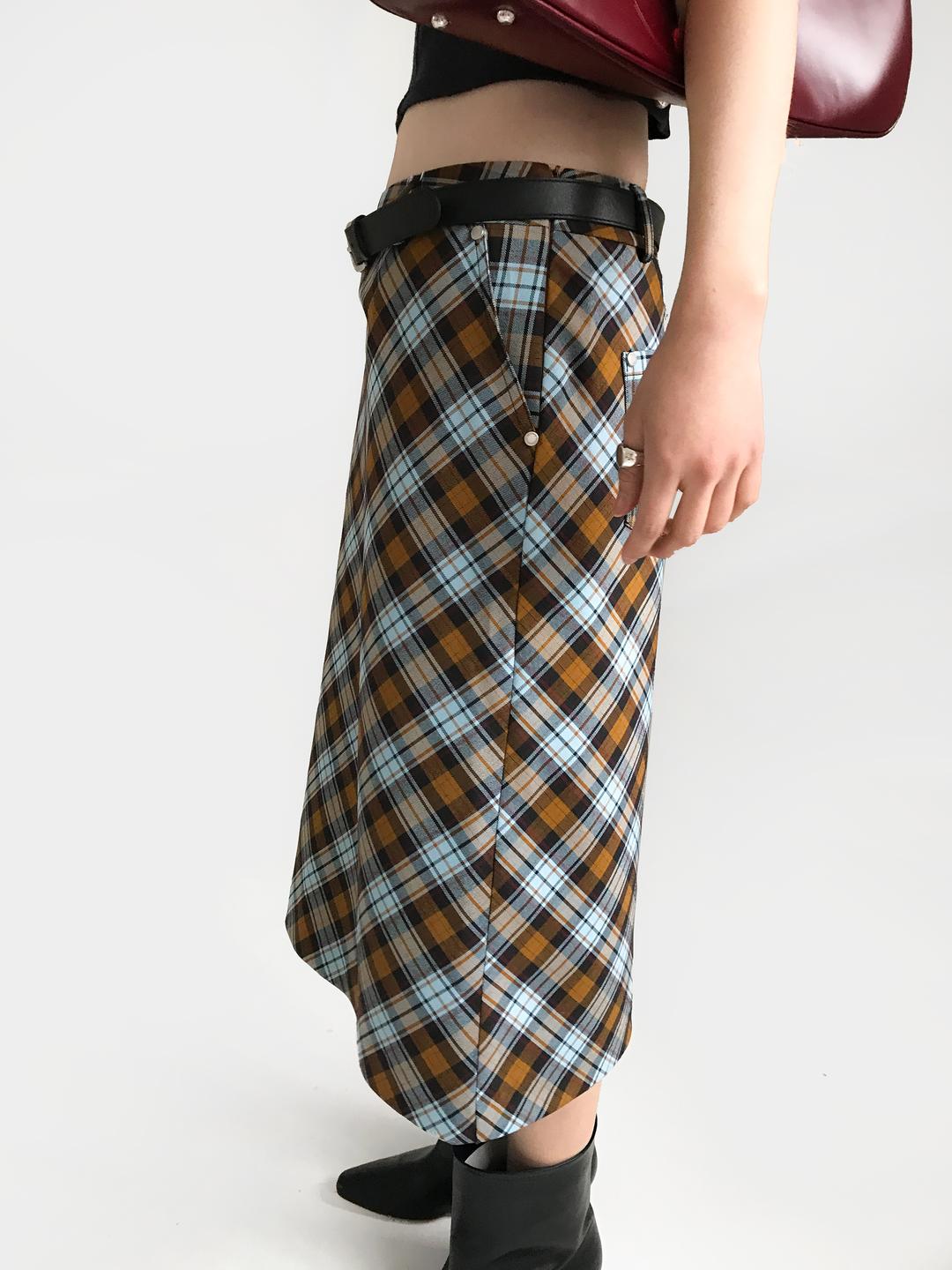 CARRIE CHECK RIVET SKIRT+BELT SET, BROWN (2C)