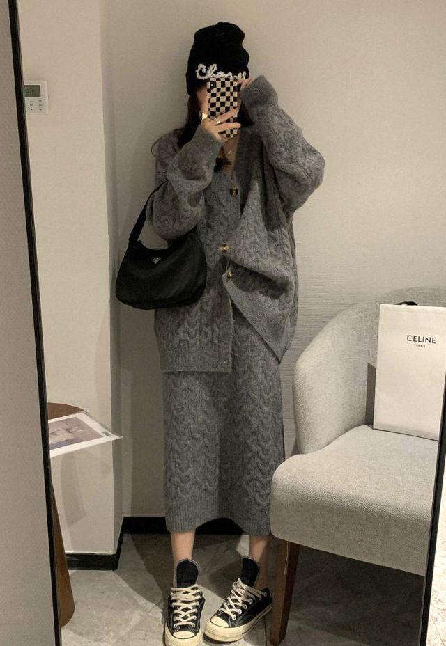 투웨이 꽈베기 니트 가디건 롱 스커트 세트