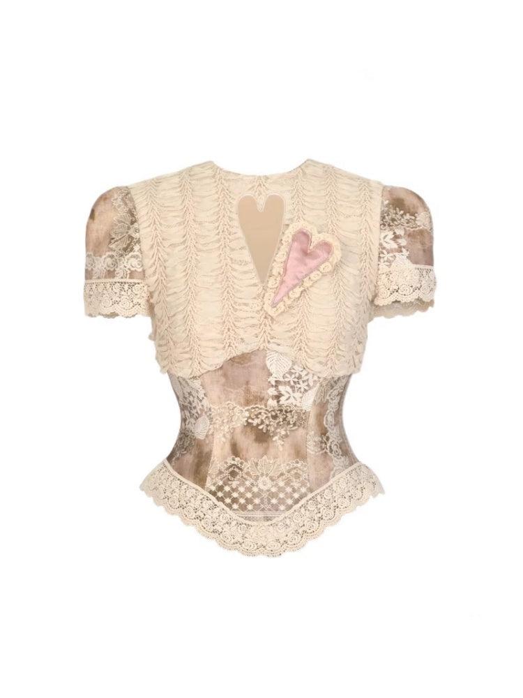 Elegant Vintage Crew Neck Love Cut-Out Lace Short Sleeve Tops【s0000013575】