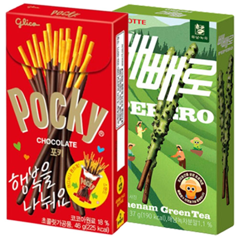 [짝꿍] 과자 롯데 빼빼로 녹차 37g+해태 포키 46g set [원산지:상세설명에 표시]
