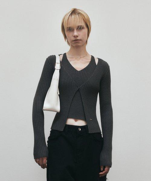 컷 아웃 리브드 원 버튼 가디건 (차콜)