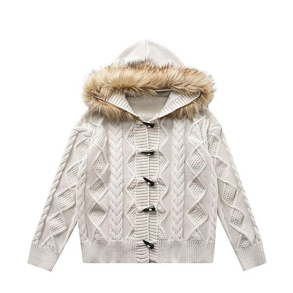 Ivory Fur Detachable Duffle Hood Knit Cardigan (3705)