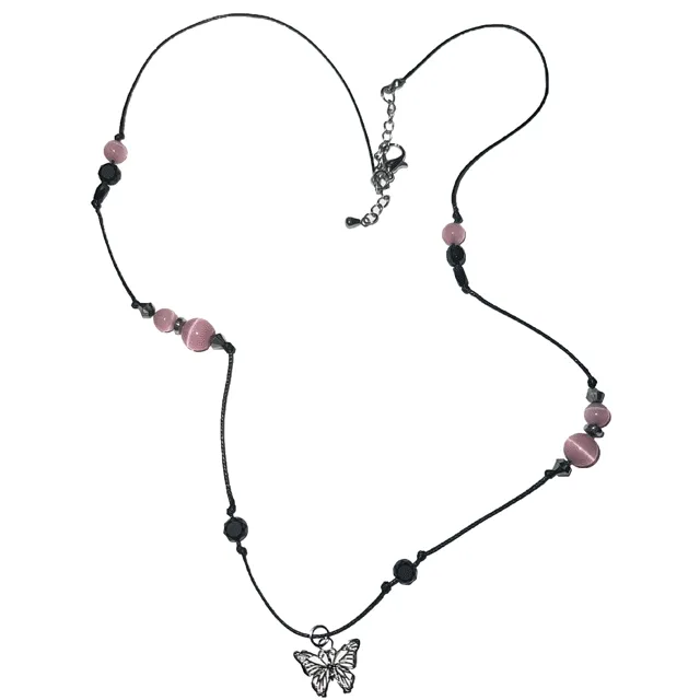 Vintage butterfly pink cat's eye gem string necklace / 빈티지 나비 핑크 캣츠아이 원석 줄 목걸이