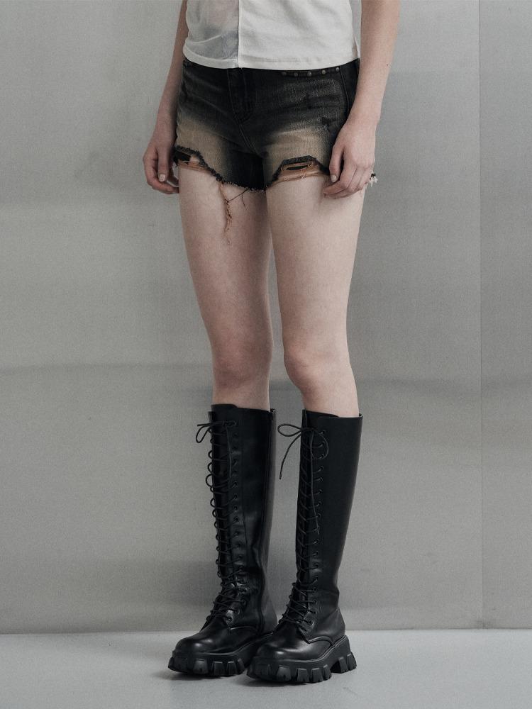 [mnem] stud damage short pants (black)