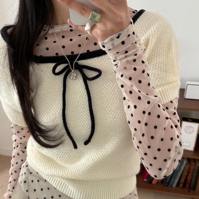 그리니스튜디오 잉글리시 도트 메쉬 레이어드 시스루 티셔츠 (2 colors)